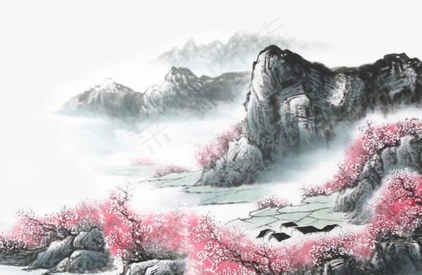 古风远山桃树