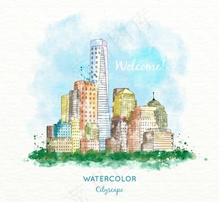 水彩城市建筑风景