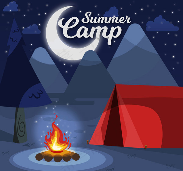 夜晚野营红色帐篷