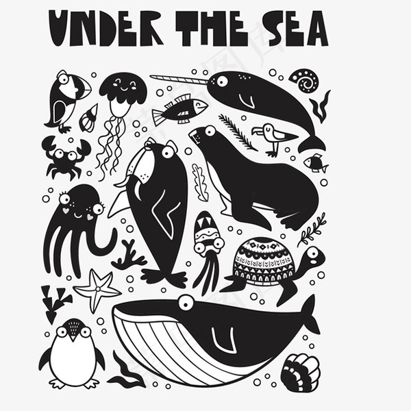 黑白海洋动物插画ai矢量模版下载