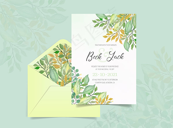水彩树叶婚礼请柬