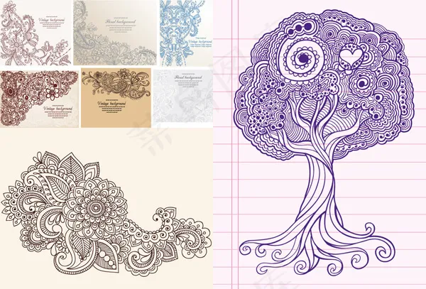 密集型手绘花纹,背景元素eps,ai矢量模版下载