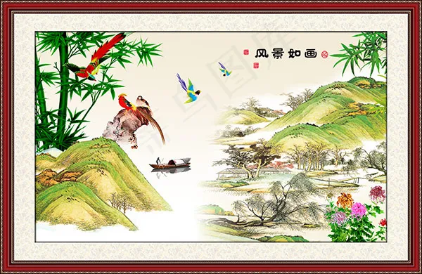 工笔画风景挂画(4724X3071(DPI:300))psd模版下载