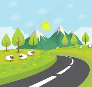 公路风景和绵羊