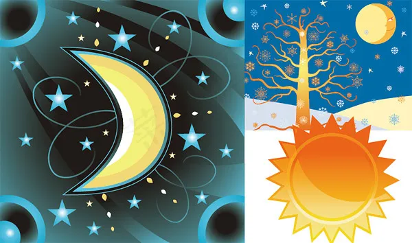 太阳星星月亮树木eps,ai矢量模版下载