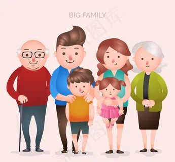 卡通幸福六口之家