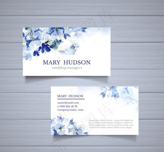水彩绘蓝色花卉名片