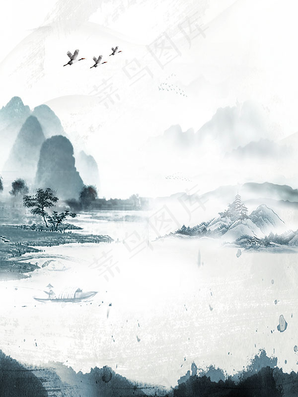 淡雅水墨山水背景(2000X2667(DPI:300))psd模版下载