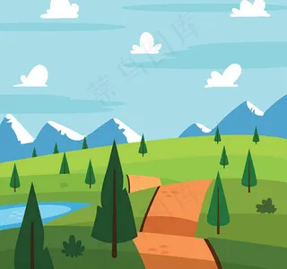 卡通雪山平原风景