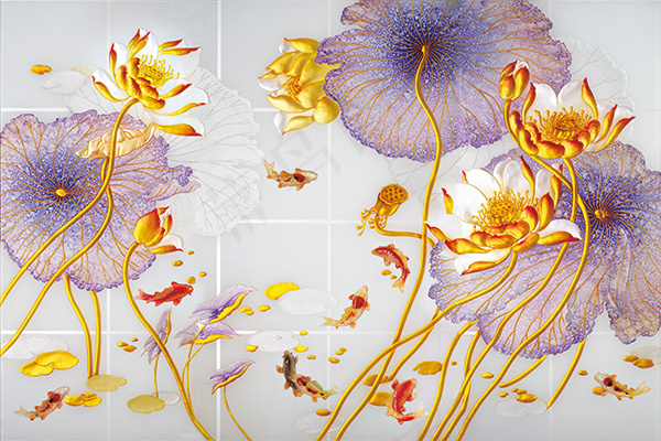 荷花彩雕背景墙(9000X6000(DPI:300))psd模版下载