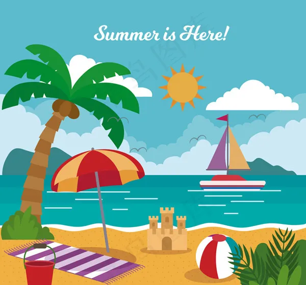 夏季度假沙滩风景ai矢量模版下载