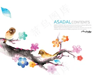 手绘风水彩梅花小鸟