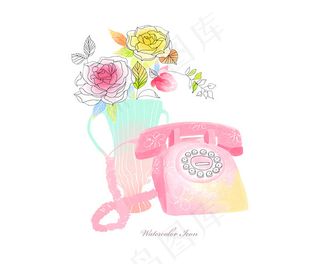 水彩花朵与电话