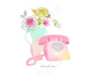 水彩花朵与电话