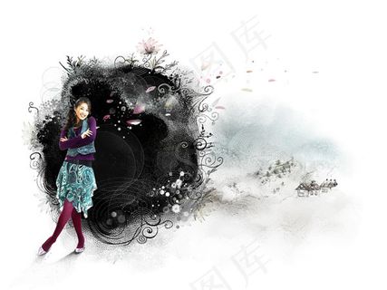 墨迹花边与美女