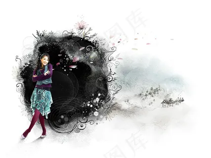 墨迹花边与美女