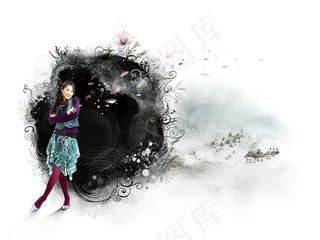 墨迹花边与美女