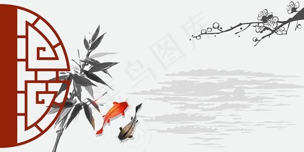水中鱼水墨画psd模版下载