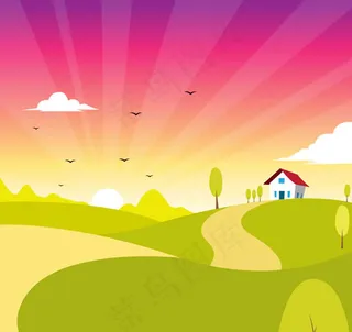 卡通夕阳风景插画