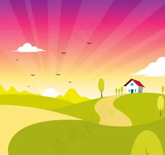 卡通夕阳风景插画 卡通夕阳风景插画