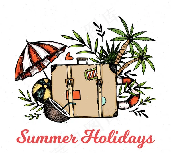 旅行箱和沙滩元素ai矢量模版下载