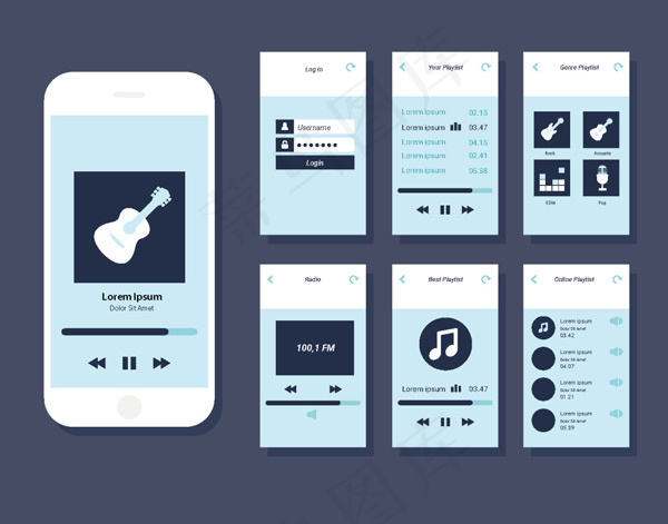 音乐APP界面eps,ai矢量模版下载