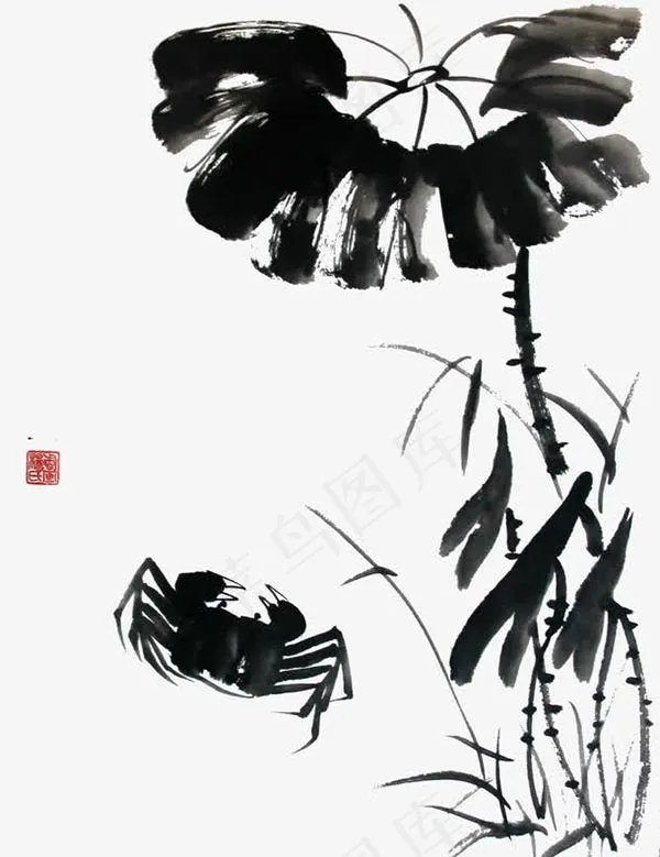 水墨荷叶螃蟹