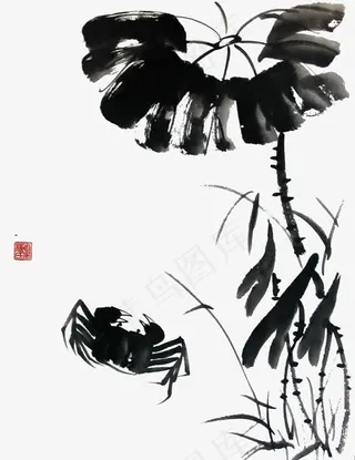 水墨荷叶螃蟹