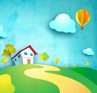 卡通房屋与热气球