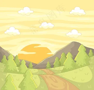 彩绘山区夕阳风景