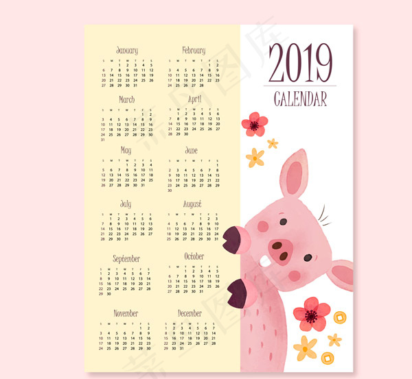 2019卡通猪日历,背景元素