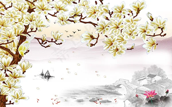 水墨玉兰背景墙(9071X5669(DPI:72))psd模版下载