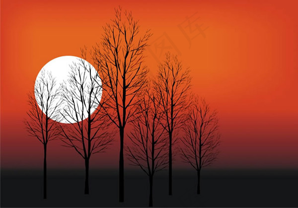 夕阳落日树林风景cdr矢量模版下载