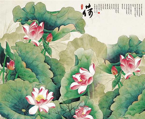 手绘荷花背景墙(7087X5831(DPI:75))psd模版下载