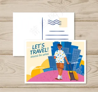 拉旅行箱的男子明信片