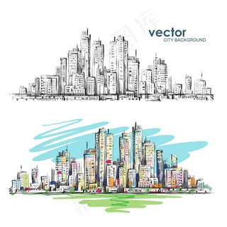 水彩手绘城市建筑,背景元素