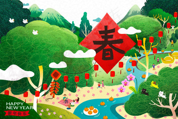 插画主题春节背景ai矢量模版下载