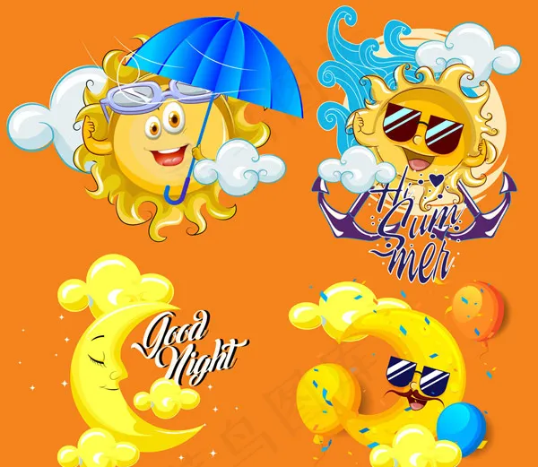卡通月亮和太阳