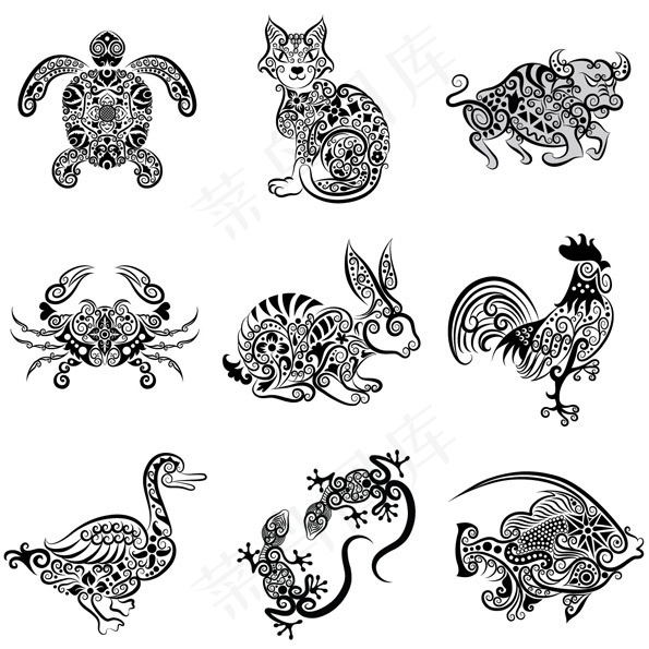 手绘动物花纹,免抠元素
