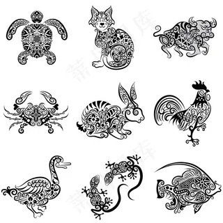 手绘动物花纹,免抠元素 手绘动物花纹,免抠元素