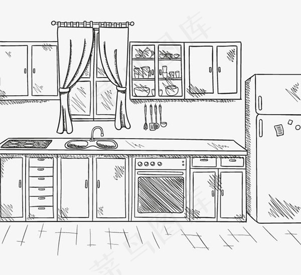 手绘整洁厨房ai矢量模版下载
