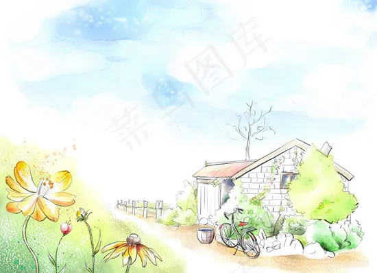 乡村农庄速写风景psd模版下载