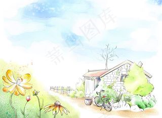 乡村农庄速写风景