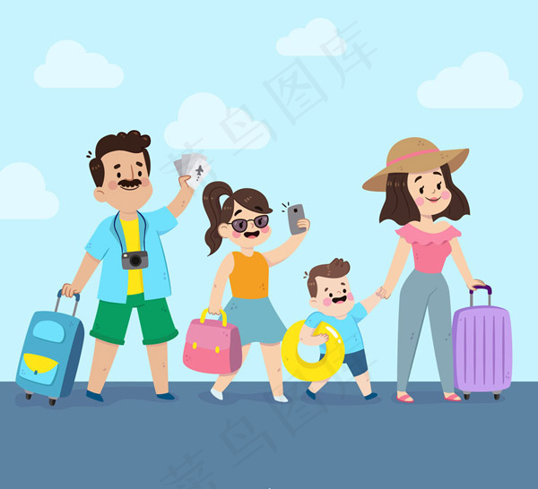 夏季旅行一家四口ai矢量模版下载