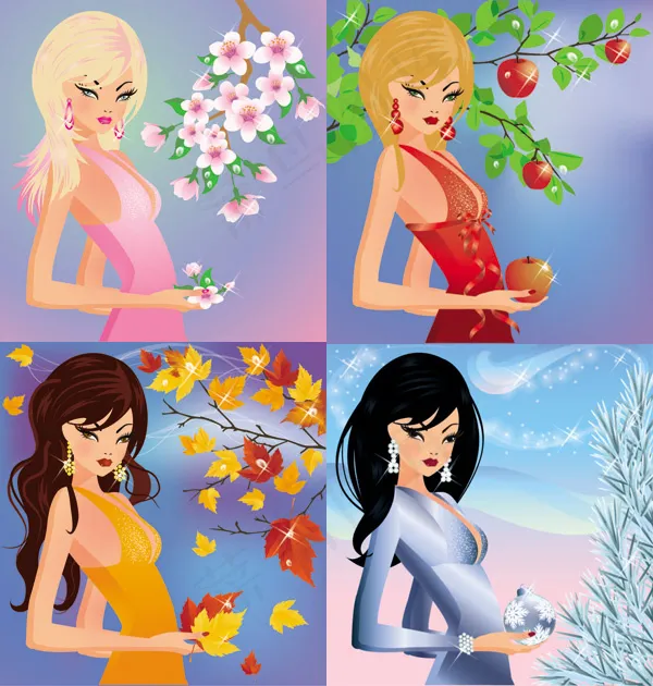 卡通四季美女eps,ai矢量模版下载