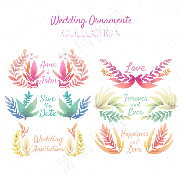 婚礼花草标签矢量