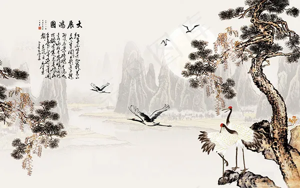 松鹤水墨背景墙(9071X5669(DPI:72))psd模版下载