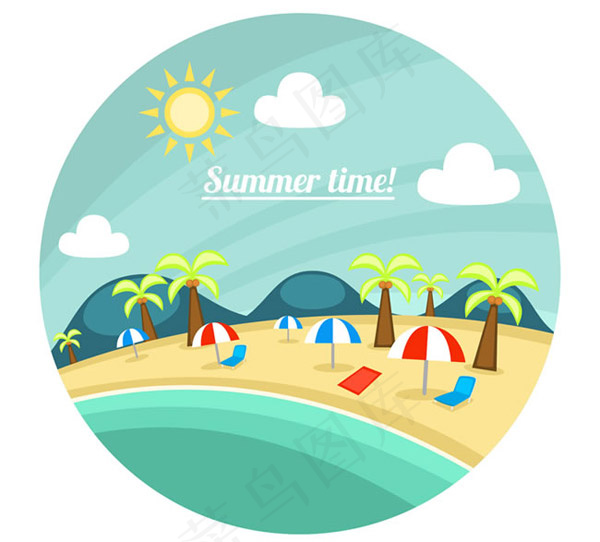 圆形沙滩风景插画