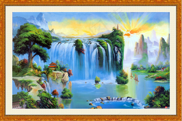 高山飞瀑中堂画