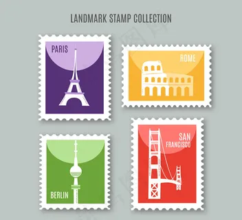 旅游元素邮票矢量